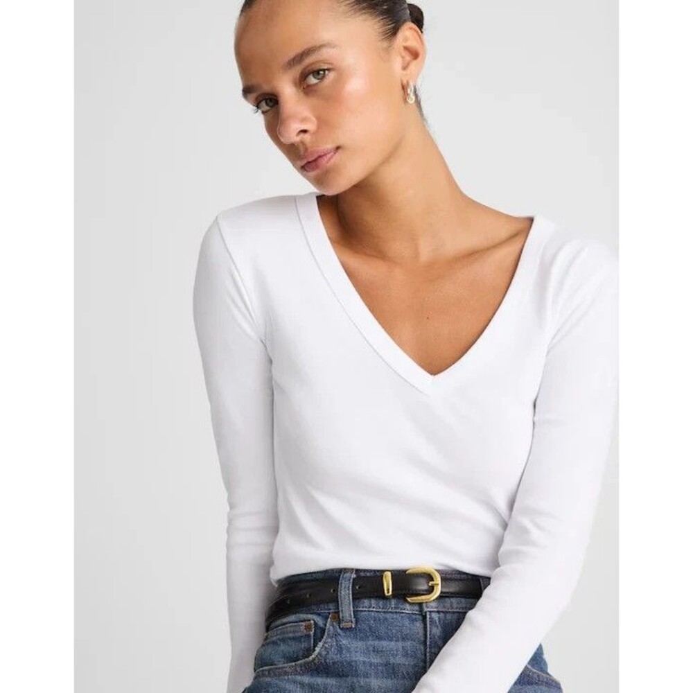 MADEWELL The 90's V-Neck Long Slv Tee In Compact Cotton S Slim Fit White NWT B65
